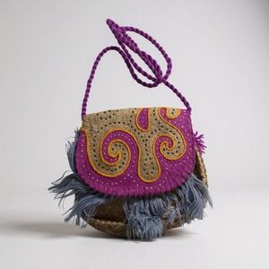 Boho Felt Handbag‎ Small Crossbody Purse Purple Yellow Swirl Fringe Strap